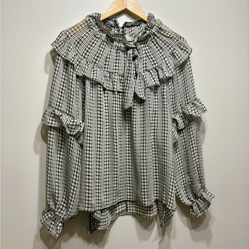 CUPIO Ruffle Gingham Blouse | Black White Check Babydoll Peasant Top M